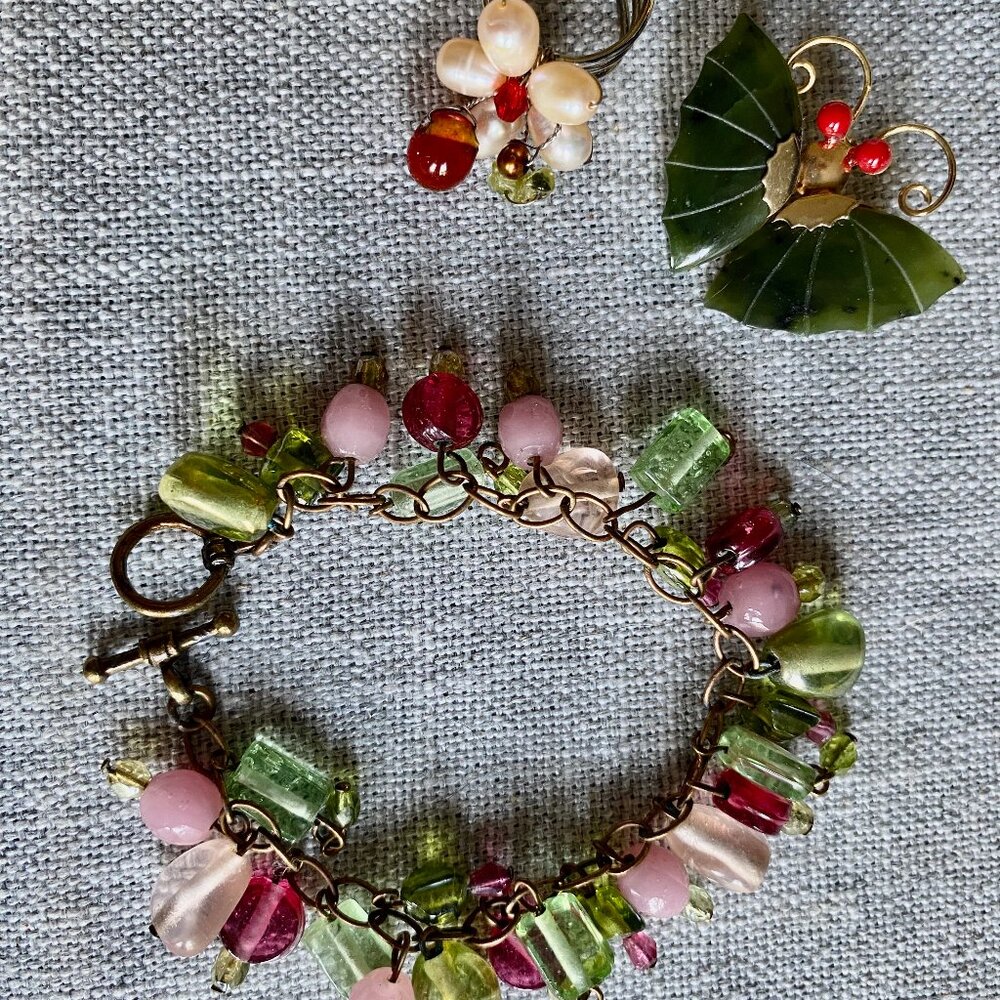 Vintage jade brooch paired with glass bead handmade bracelet and bling ring
